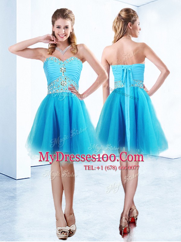 Colorful Blue Lace Up Party Dress Beading and Ruching Sleeveless Knee Length