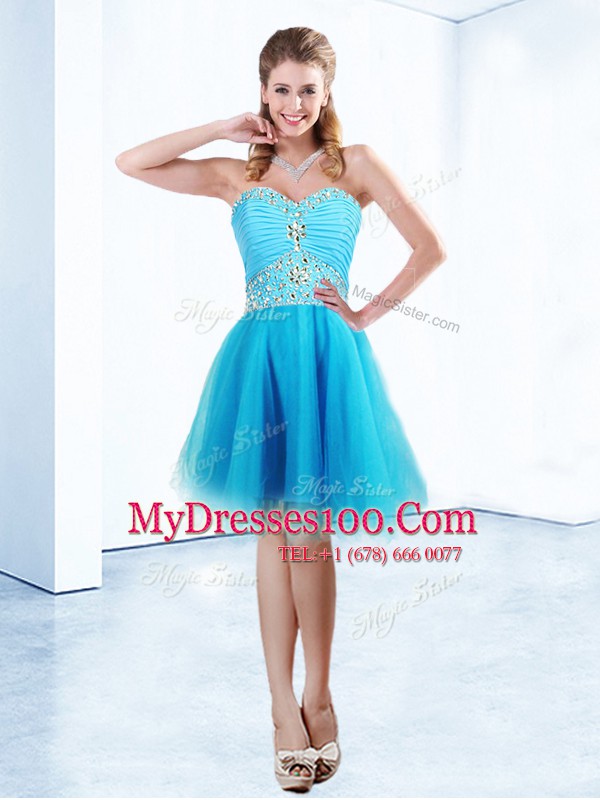 Colorful Blue Lace Up Party Dress Beading and Ruching Sleeveless Knee Length