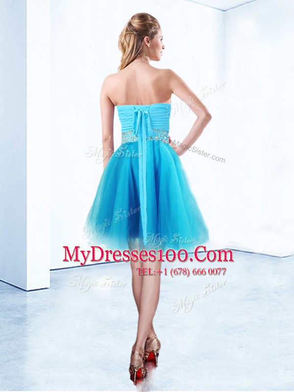 Colorful Blue Lace Up Party Dress Beading and Ruching Sleeveless Knee Length