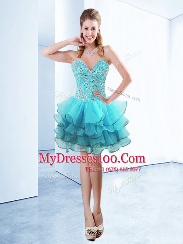 Fabulous Aqua Blue Organza Lace Up Cocktail Dress Sleeveless Knee Length Ruffles