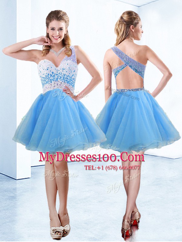 Sexy One Shoulder Baby Blue A-line Beading Club Wear Criss Cross Organza Sleeveless Knee Length