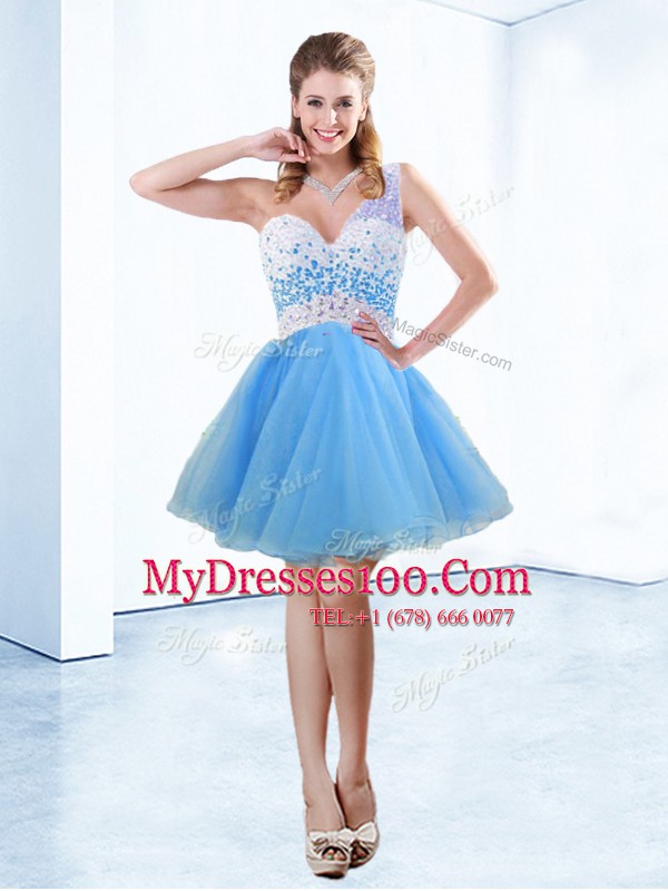 Sexy One Shoulder Baby Blue A-line Beading Club Wear Criss Cross Organza Sleeveless Knee Length