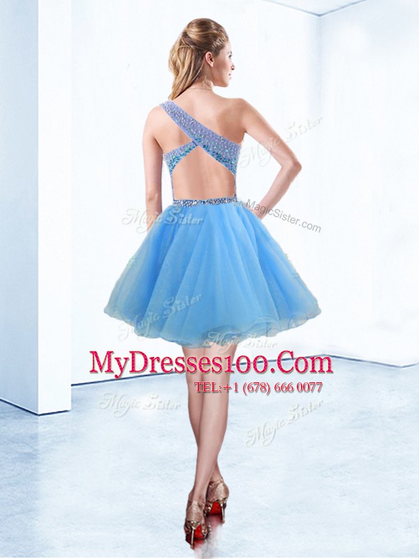 Sexy One Shoulder Baby Blue A-line Beading Club Wear Criss Cross Organza Sleeveless Knee Length