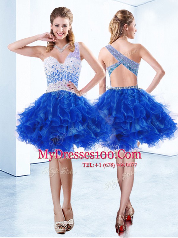 Pretty Royal Blue Club Wear Prom and Party and For with Beading and Ruffles One Shoulder Sleeveless Criss Cross