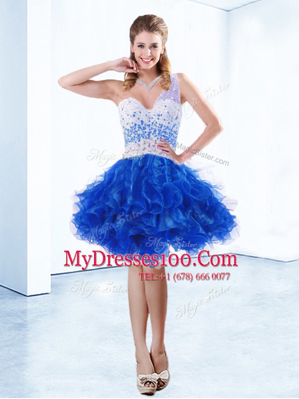 Pretty Royal Blue Club Wear Prom and Party and For with Beading and Ruffles One Shoulder Sleeveless Criss Cross