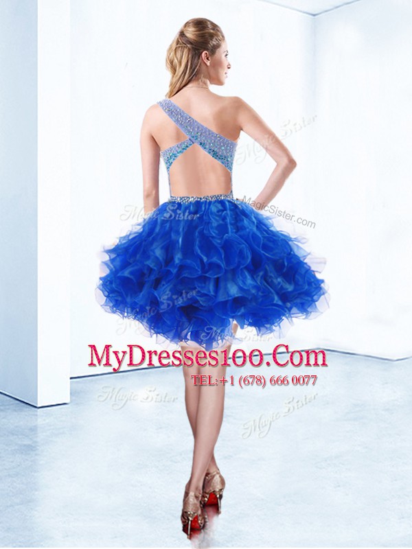 Pretty Royal Blue Club Wear Prom and Party and For with Beading and Ruffles One Shoulder Sleeveless Criss Cross