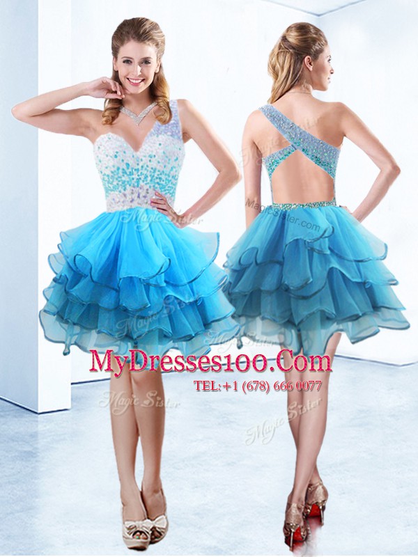 Smart Aqua Blue Organza Criss Cross One Shoulder Sleeveless Knee Length Cocktail Dresses Beading and Ruffled Layers