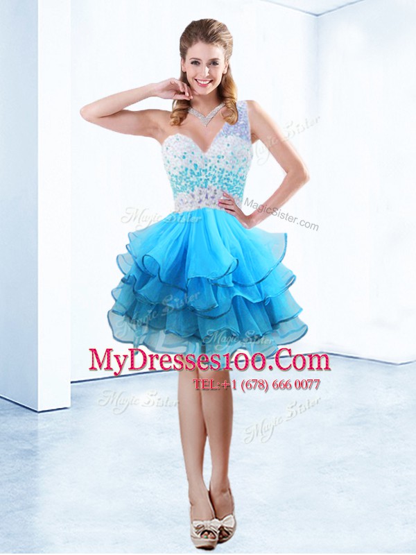 Smart Aqua Blue Organza Criss Cross One Shoulder Sleeveless Knee Length Cocktail Dresses Beading and Ruffled Layers