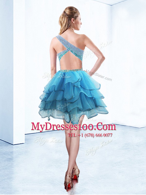 Smart Aqua Blue Organza Criss Cross One Shoulder Sleeveless Knee Length Cocktail Dresses Beading and Ruffled Layers