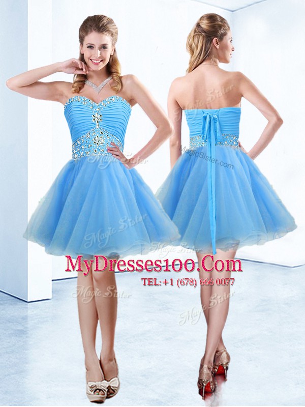 High Quality A-line Cocktail Dresses Blue Sweetheart Organza Sleeveless Mini Length Lace Up