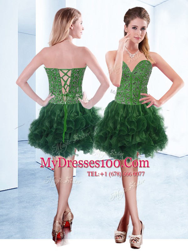 Edgy Dark Green Sweetheart Neckline Ruffles Custom Made Sleeveless Lace Up