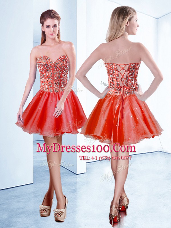 Exceptional Mini Length Lace Up Party Dress for Toddlers Red for Prom and Party with Beading