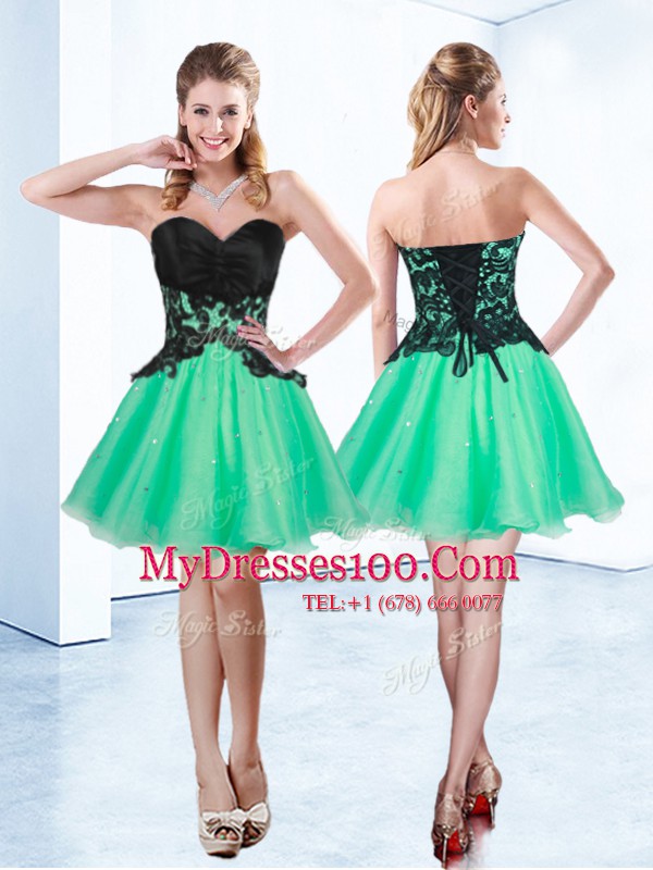 Customized Turquoise A-line Sweetheart Sleeveless Organza Mini Length Lace Up Appliques Party Dresses