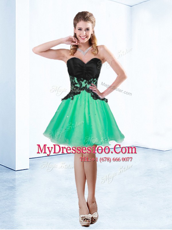 Customized Turquoise A-line Sweetheart Sleeveless Organza Mini Length Lace Up Appliques Party Dresses