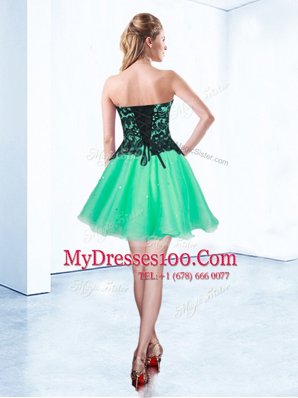 Customized Turquoise A-line Sweetheart Sleeveless Organza Mini Length Lace Up Appliques Party Dresses