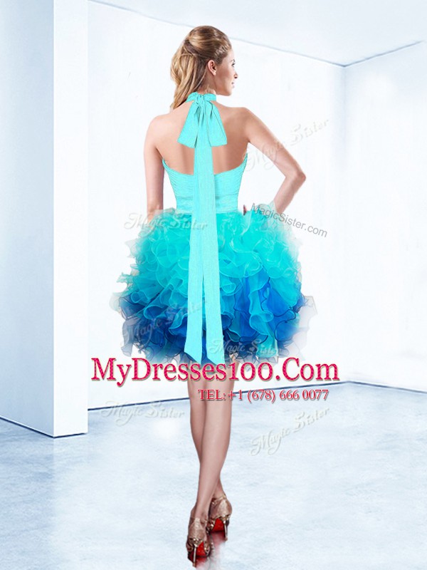 Halter Top Sleeveless Organza Knee Length Zipper Cocktail Dresses in Aqua Blue with Ruffles and Ruching and Belt
