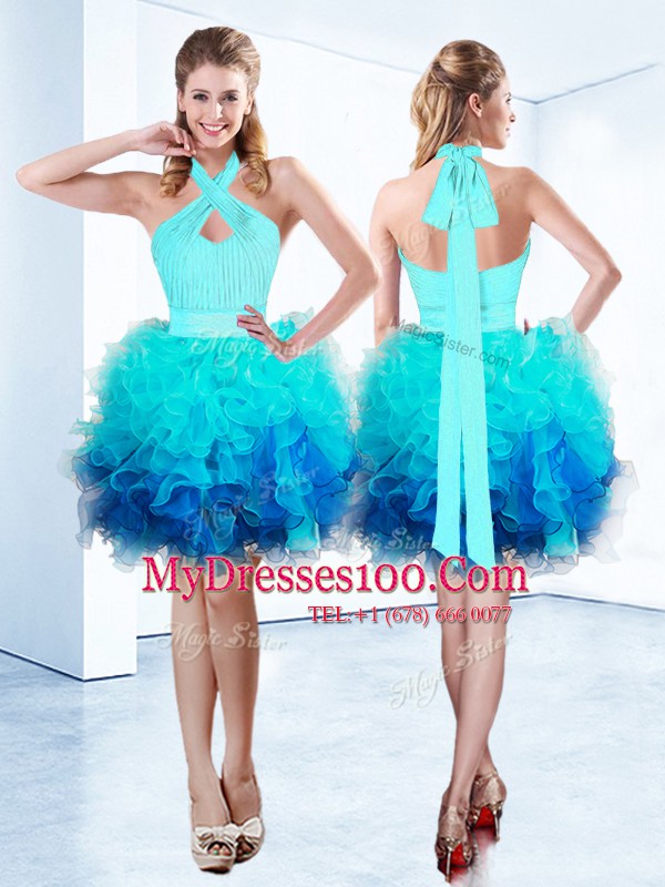 Halter Top Sleeveless Organza Knee Length Zipper Cocktail Dresses in Aqua Blue with Ruffles and Ruching and Belt
