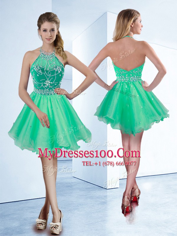 Halter Top Beading Party Dress for Girls Turquoise Zipper Sleeveless Knee Length