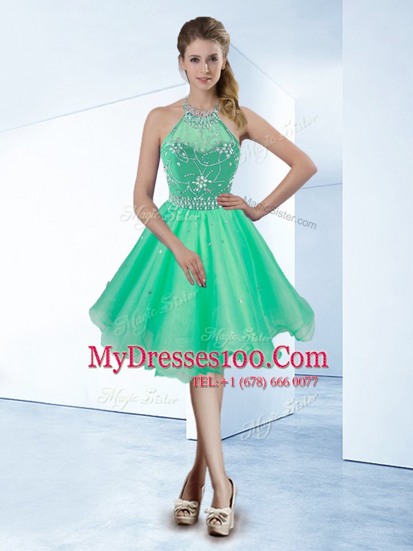 Halter Top Beading Party Dress for Girls Turquoise Zipper Sleeveless Knee Length