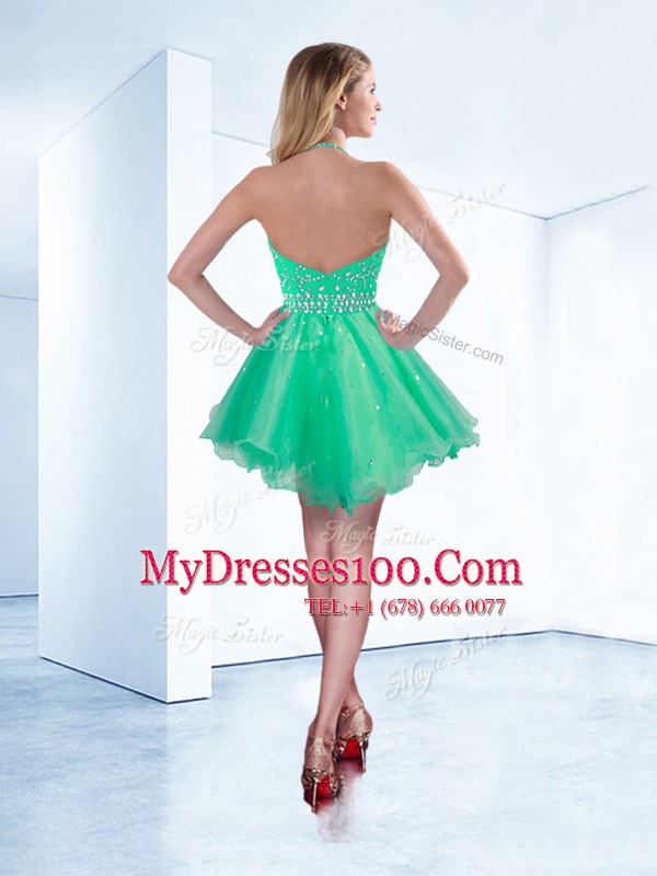 Halter Top Beading Party Dress for Girls Turquoise Zipper Sleeveless Knee Length