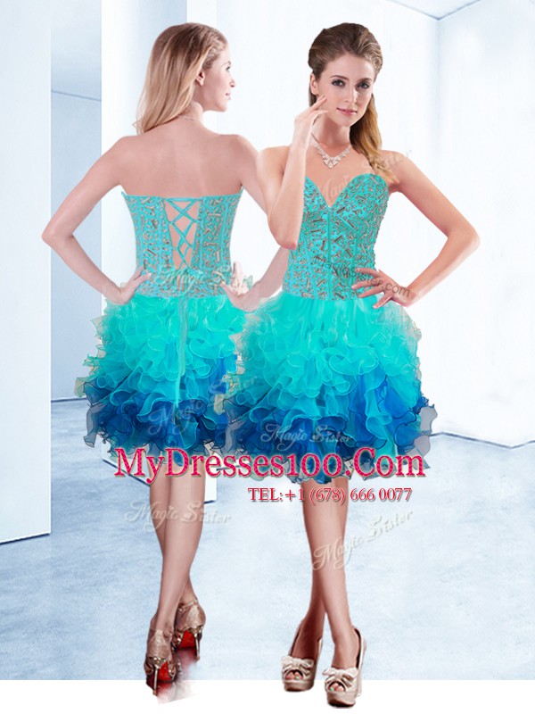Aqua Blue Party Dresses Prom and Party and For with Ruffles Sweetheart Sleeveless Lace Up