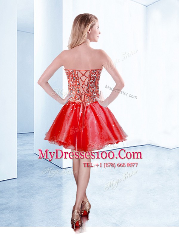 Beading Party Dress for Toddlers Red Lace Up Sleeveless Mini Length