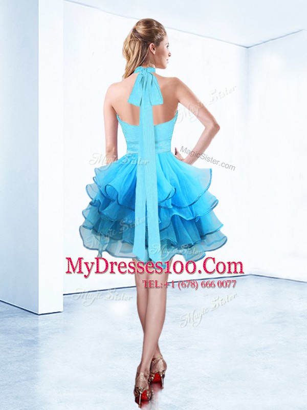 Halter Top Baby Blue Sleeveless Floor Length Ruffles and Ruching and Belt Zipper Club Wear