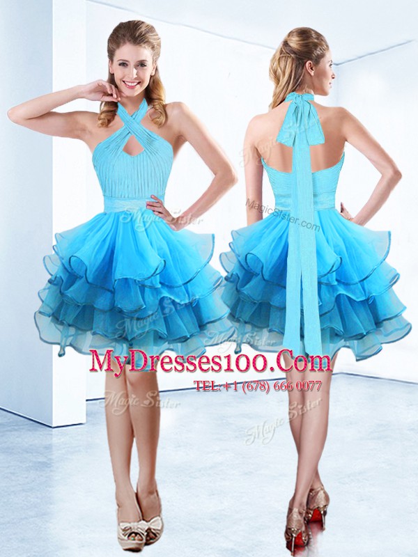 Halter Top Baby Blue Sleeveless Floor Length Ruffles and Ruching and Belt Zipper Club Wear