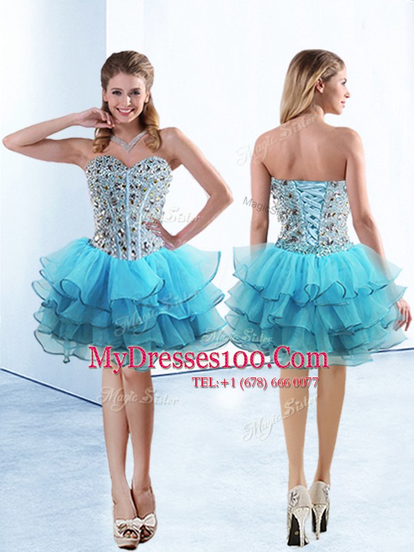 Baby Blue Lace Up Sweetheart Beading and Ruffled Layers Club Wear Organza Sleeveless