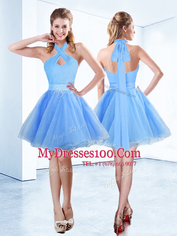 Floor Length Blue Party Dresses Halter Top Sleeveless Zipper