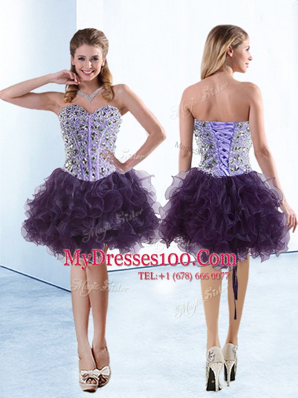 Stylish Organza Sweetheart Sleeveless Lace Up Beading and Ruffles Cocktail Dresses in Purple
