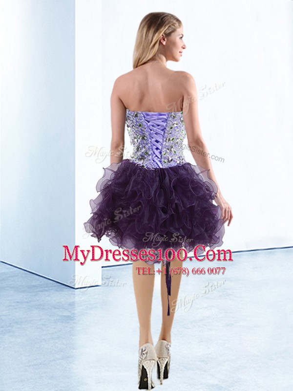 Stylish Organza Sweetheart Sleeveless Lace Up Beading and Ruffles Cocktail Dresses in Purple