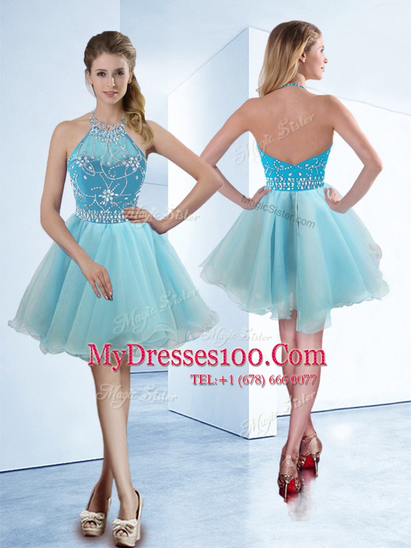 Halter Top Sleeveless Zipper Party Dress Wholesale Light Blue Organza