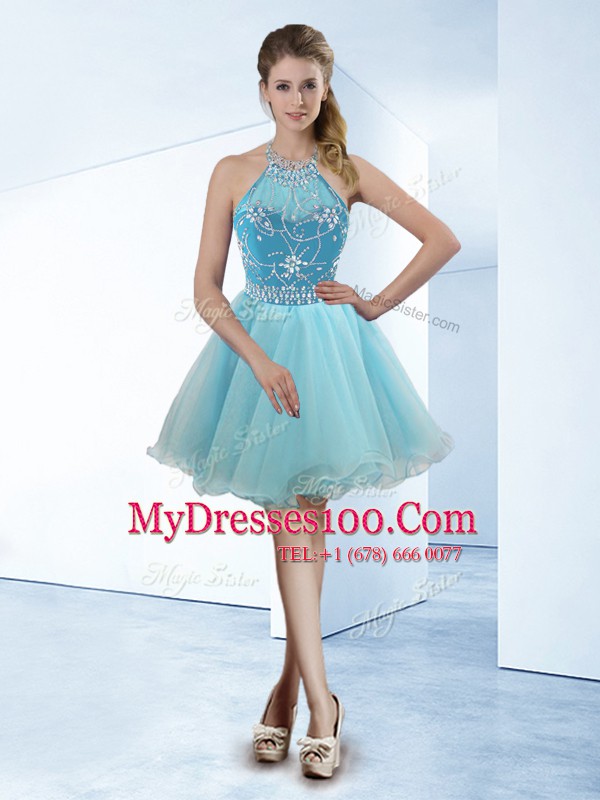 Halter Top Sleeveless Zipper Party Dress Wholesale Light Blue Organza