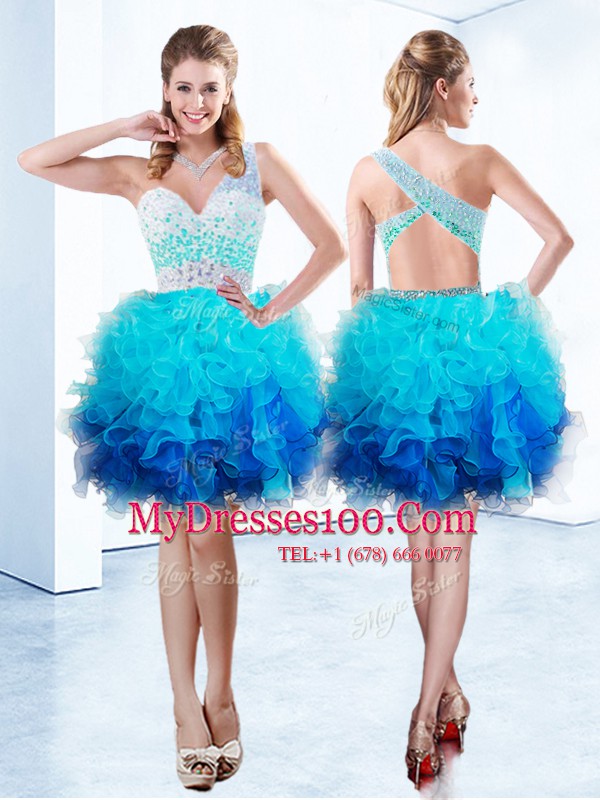 Aqua Blue Military Ball Dresses For Women Prom and Party and For with Beading and Ruffles One Shoulder Sleeveless Criss Cross