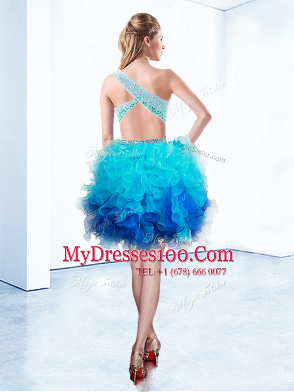 Aqua Blue Military Ball Dresses For Women Prom and Party and For with Beading and Ruffles One Shoulder Sleeveless Criss Cross