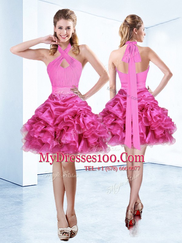 Flirting Halter Top Hot Pink Zipper Casual Dresses Ruffles and Ruching and Belt Sleeveless Mini Length