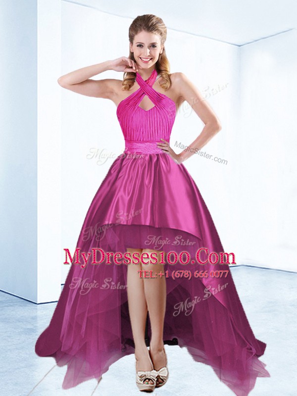 Halter Top Ruching and Bowknot and Belt Cocktail Dress Fuchsia Zipper Sleeveless High Low