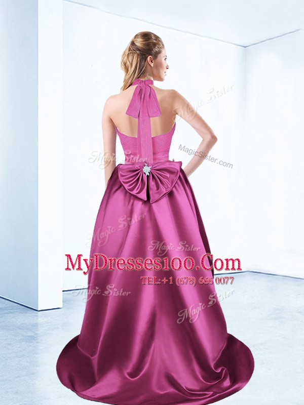Halter Top Ruching and Bowknot and Belt Cocktail Dress Fuchsia Zipper Sleeveless High Low