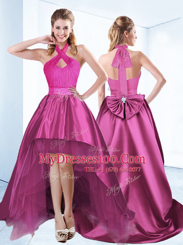 Halter Top Ruching and Bowknot and Belt Cocktail Dress Fuchsia Zipper Sleeveless High Low