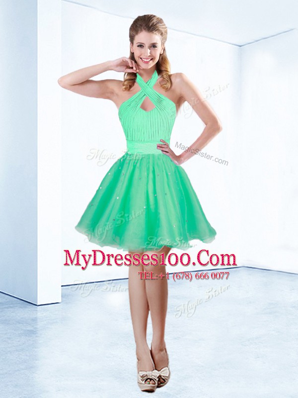 Turquoise Ball Gowns Organza Halter Top Sleeveless Ruching and Belt Mini Length Zipper Club Wear