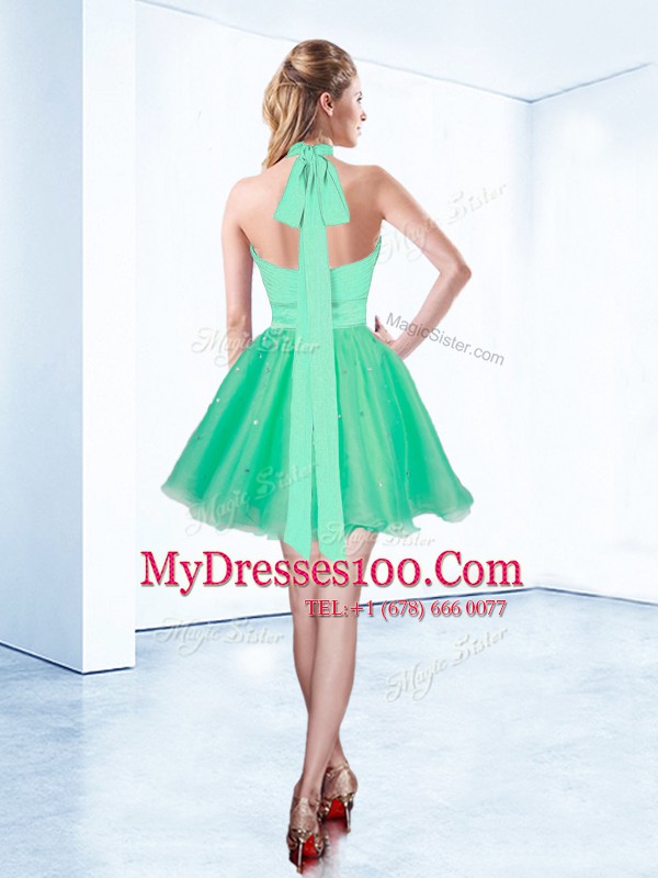 Turquoise Ball Gowns Organza Halter Top Sleeveless Ruching and Belt Mini Length Zipper Club Wear