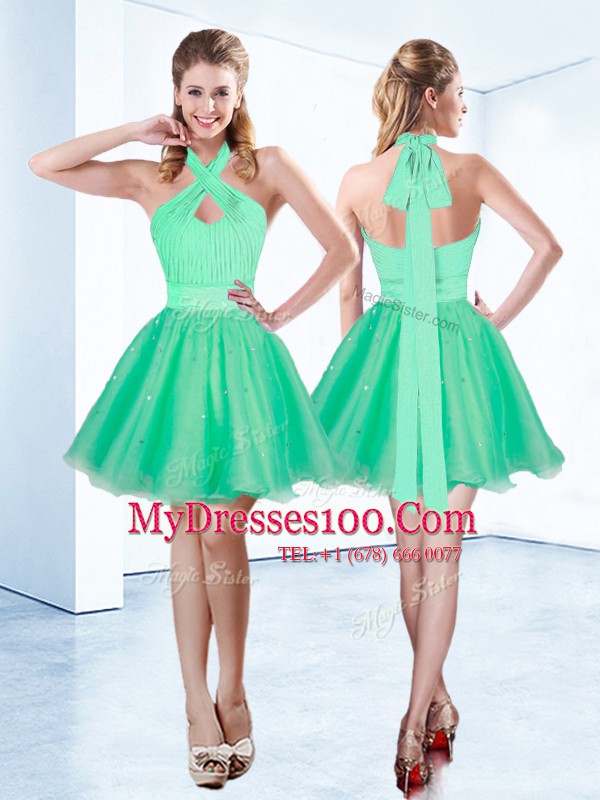 Turquoise Ball Gowns Organza Halter Top Sleeveless Ruching and Belt Mini Length Zipper Club Wear