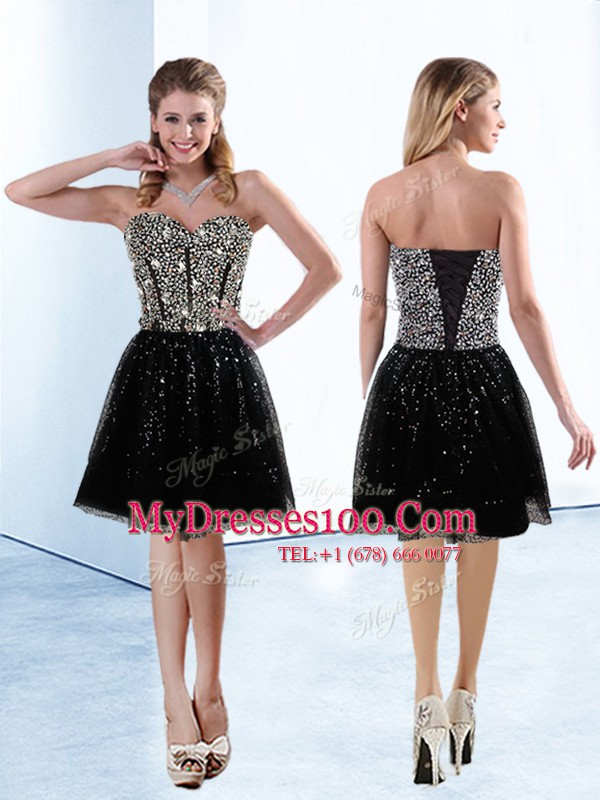 Sequins Casual Dresses Black Lace Up Sleeveless Knee Length