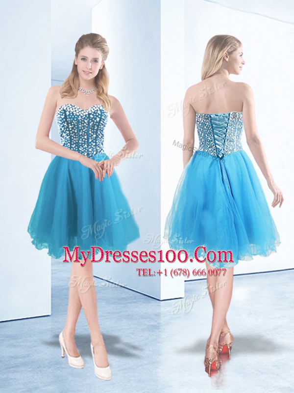Exquisite Sweetheart Sleeveless Teens Party Dress Knee Length Beading Blue Organza