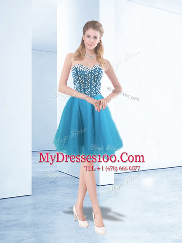 Exquisite Sweetheart Sleeveless Teens Party Dress Knee Length Beading Blue Organza