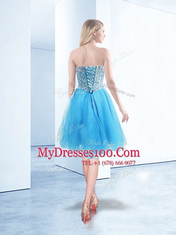 Exquisite Sweetheart Sleeveless Teens Party Dress Knee Length Beading Blue Organza
