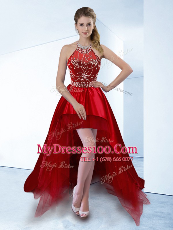 Modern Halter Top High Low Zipper Cocktail Dresses Red for Prom and Party with Beading