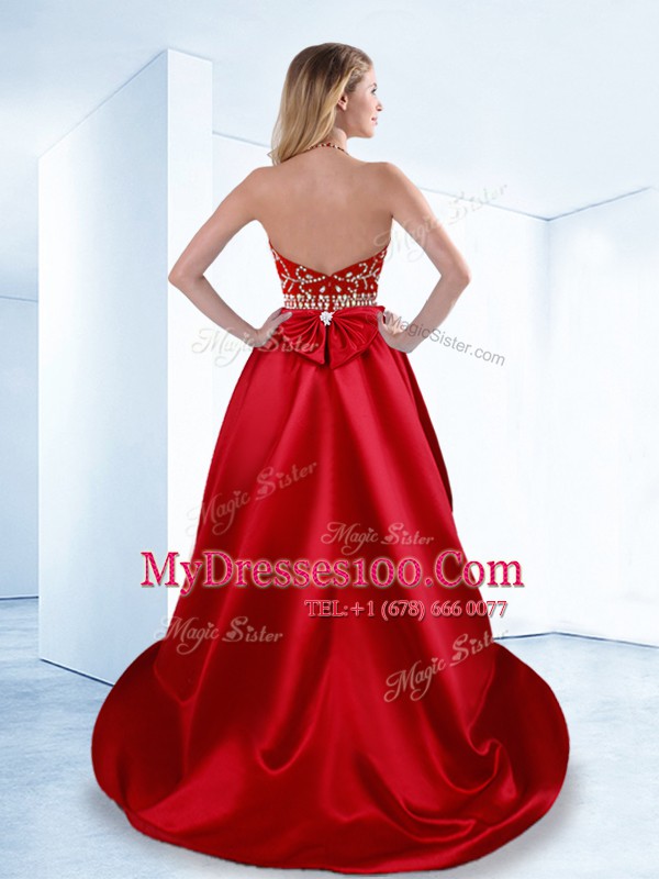 Modern Halter Top High Low Zipper Cocktail Dresses Red for Prom and Party with Beading