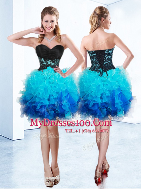 Designer Ruffles Party Dress for Girls Blue Lace Up Sleeveless Mini Length